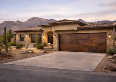 Rustic metal garage door on a desert home framed by cactus and mountain views