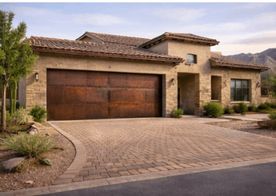 Rustic garage door on a stone and stucco home with a curved paver driveway